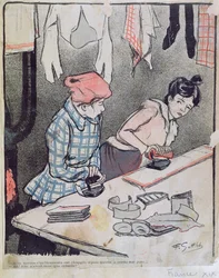 Karikatur, die zwei Waschfrauen beim Tratschen zeigt, Ende des 19. Jahrhunderts